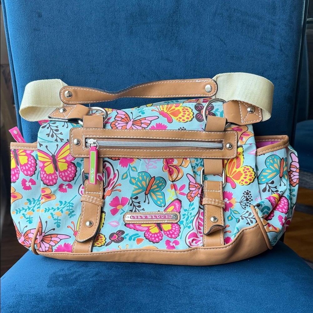Lily Bloom Butterfly Print Tote in Teal, Pink & Tan